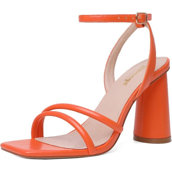 Women's Orange Square Open Toe Strappy Ankle Strap Block Heeled Sandals Shoes - Picture 1 of 9